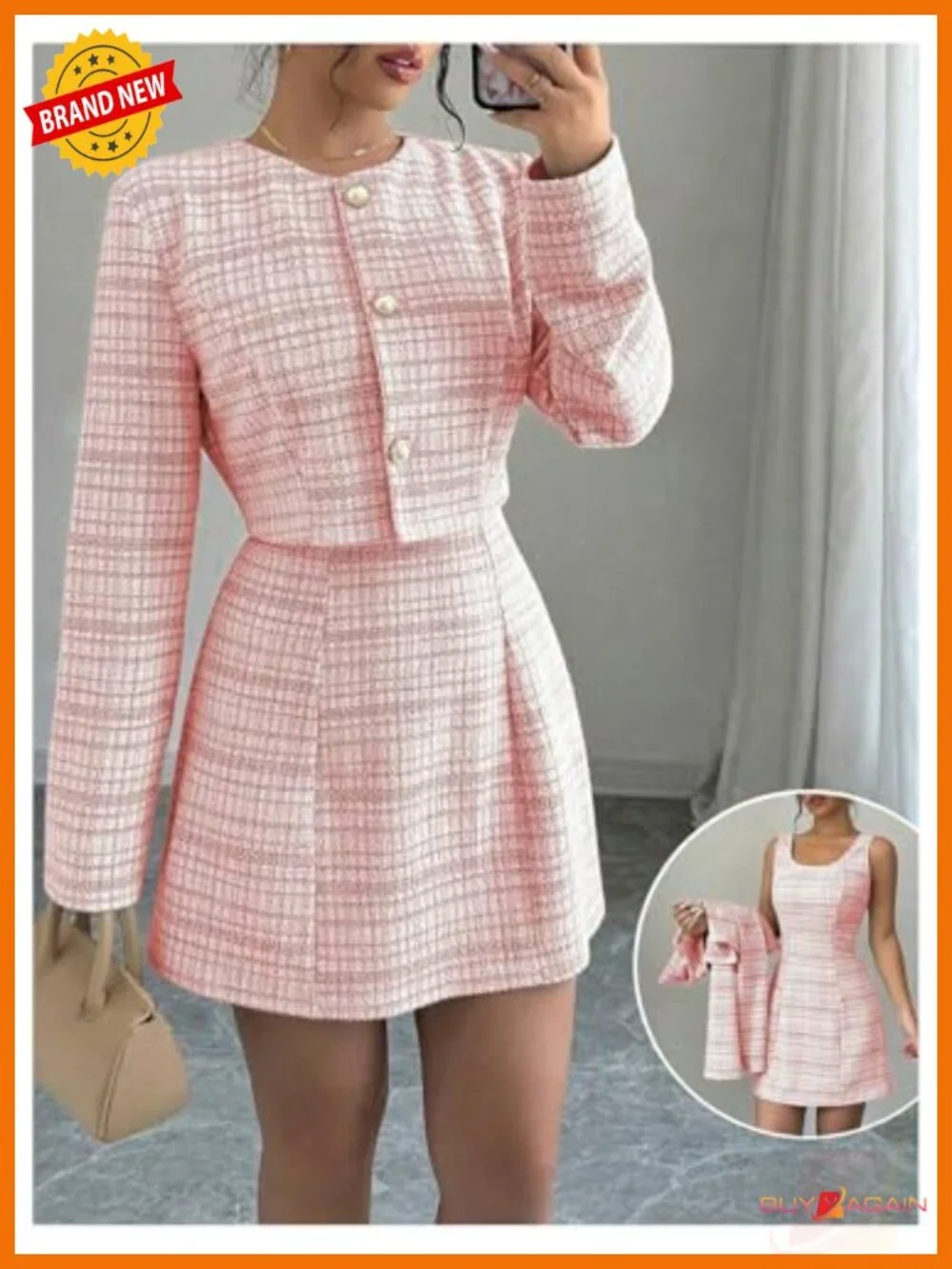 2 Piece Plaid Long Sleeve Cropped Jacket and Mini Tank Dress Set